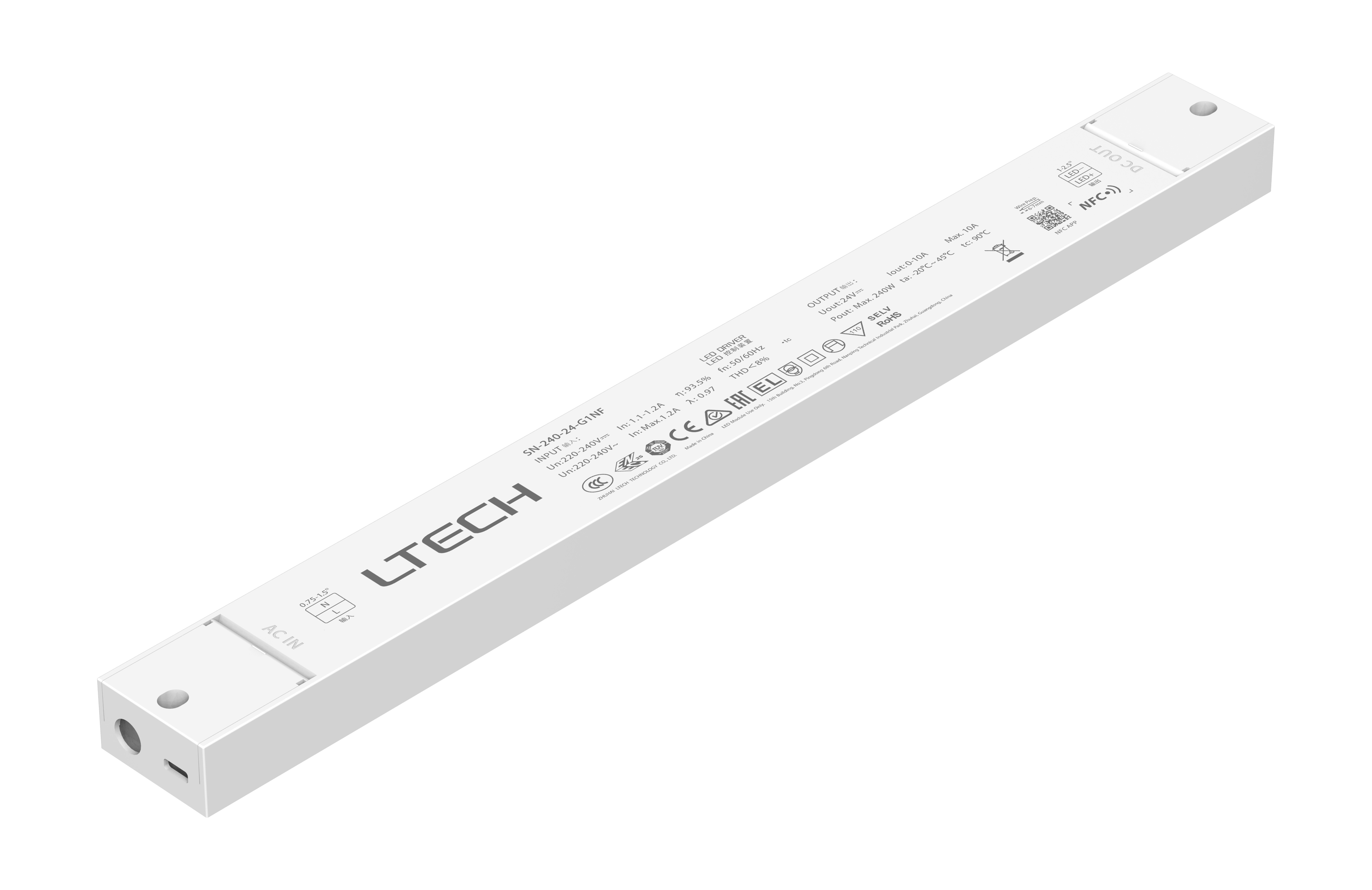 SN-240-24-G1NF-NFC  Intelligent Constant Current NFC ON/OFF LED Driver,  240W, 24VDC 10A , 220-240Vac, IP20, 5yrs Warrenty.